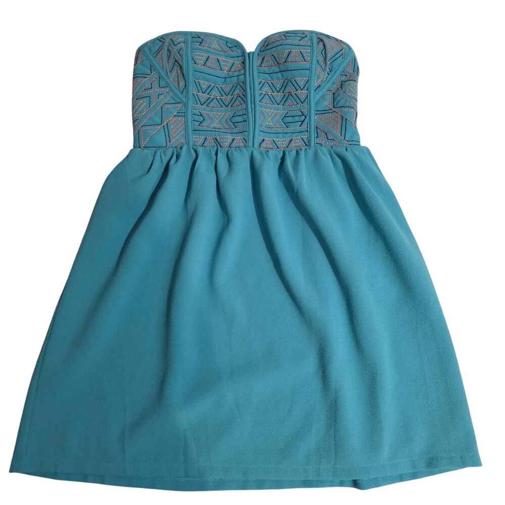 Staring at Stars Strapless‎ Embroidered Bodice Mini Dress XS Teal Blue